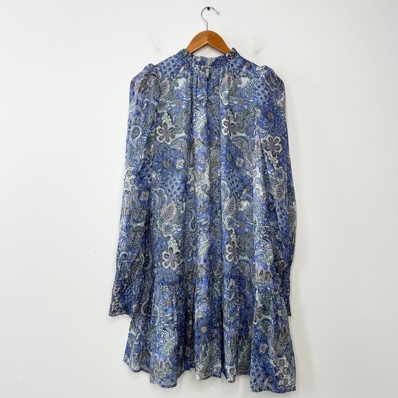 MARIE OLIVER Irena Mini Dress Size Large Silk Metallic Ruffle Smocked Boho Chic - Picture 8 of 15